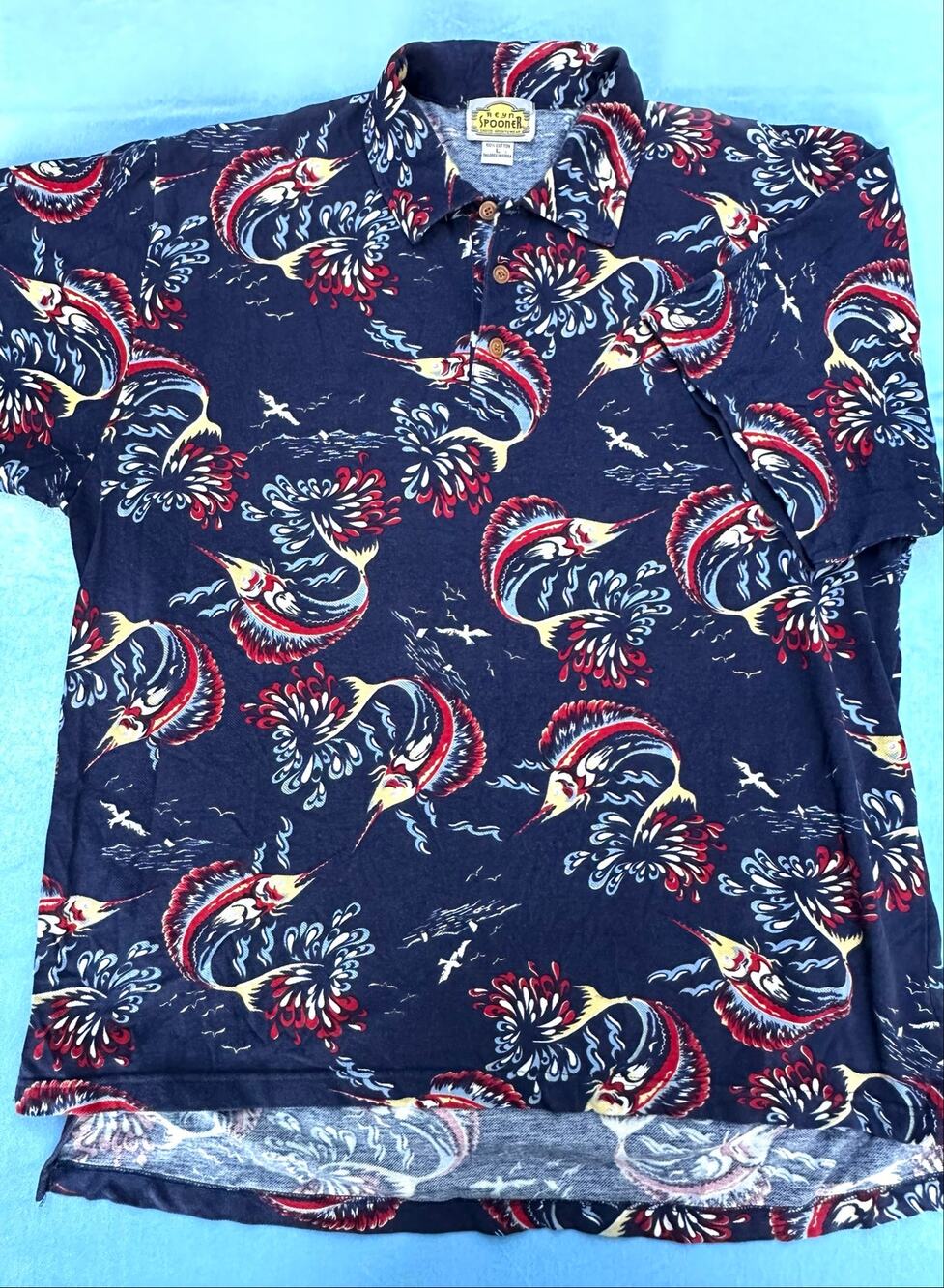 Vtg Reyn Spooner Hawaiian Polo Shirt Large L Marlin Swordfish Fishing Aloha Navy